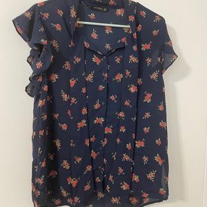 Zara navy floral tie neck blouse